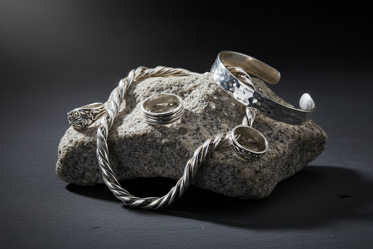 realistic silver jewelery placed on a studio setting on a rock with cinematic lighti g